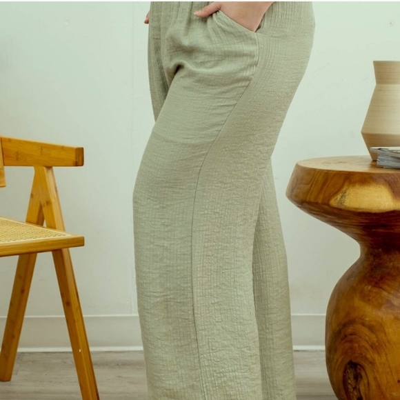 E 12 Button Front Lightweight Top and Pant Set, Sage Green - Picture 3 of 4